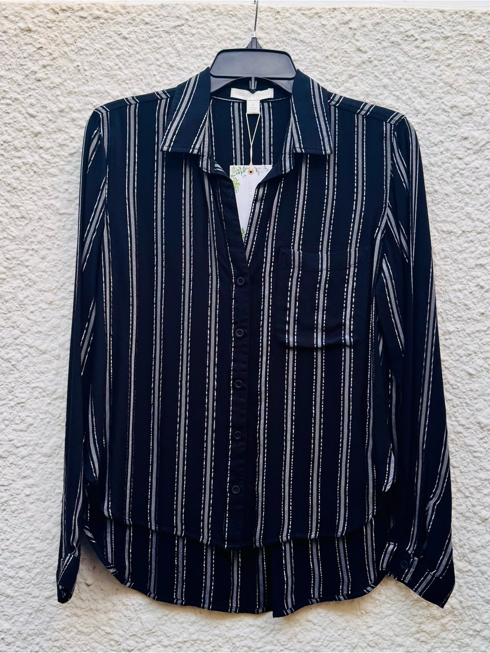 Chelsea & Violet Button-Front Black/Silver/White Striped Women's Blouse